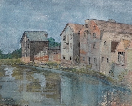 Gillian Simmonds, watercolour, ‘Riverside warehouses, Lewes’, signed, label verso, 27 x 35cm. Condition - good